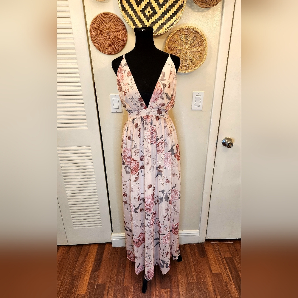 Pink Floral Sleeveless Maxi Dress With V-Neck